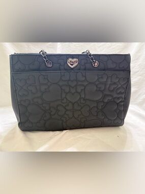 Betsey Johnson Black Heart Embossed Tote Bag Lg Purse Silver Heart Charm